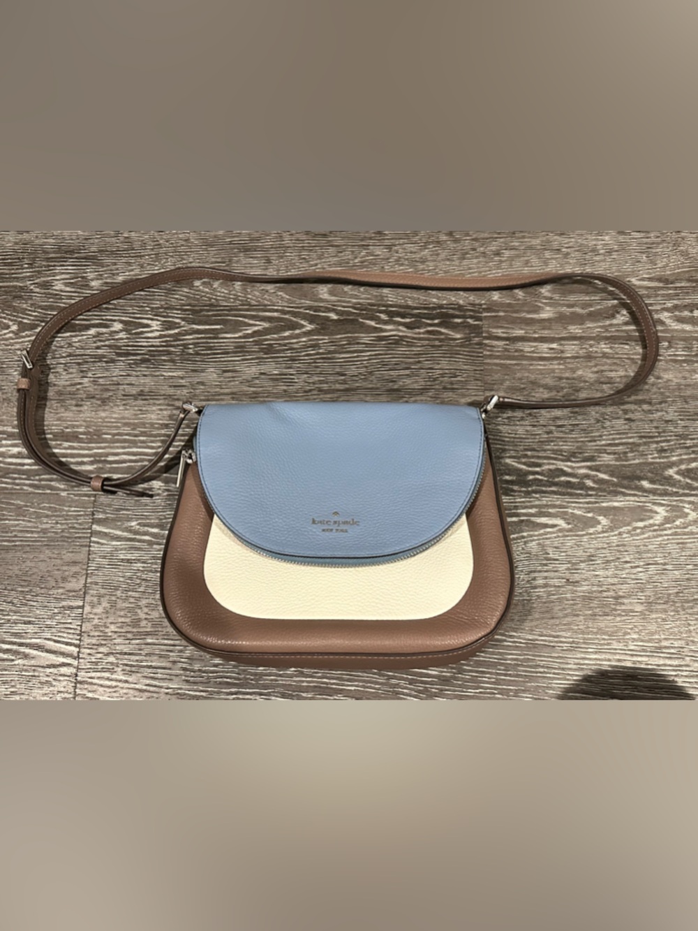 kate spade Pebbled Tricolor Saddle Crossbody — Brown, Cream & Light Blue